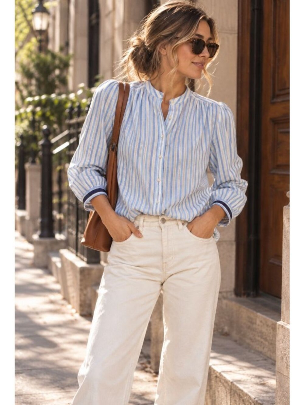 Trovata Birds of Paradis Clara Blouse Bahia Stripe Blue Size XS Coastal Preppy